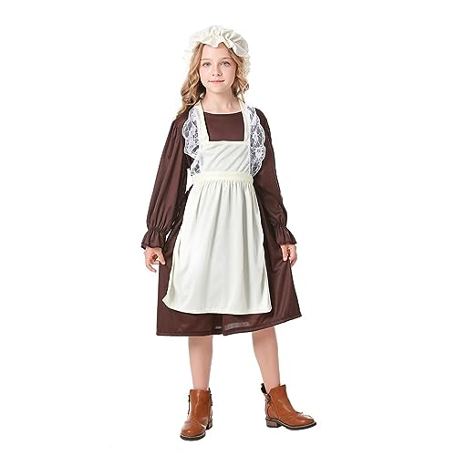 Lito Angels Disfraz Vestido de Medieval Colonial Pionero con Delantal y Sombrero Gorro para Niñas Talla 6-8 años, Marrón (Número de etiqueta 0M)