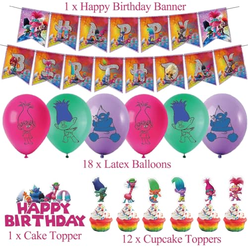 LKNBIF Troll Decoración de Cumpleaños, 33 PCS Trolls Decoraciones de Fiesta, Fiesta de Cumpleaños de Trolls Globos Decoraciones Happy Birthday Banner Cupcake Toppers para Niño
