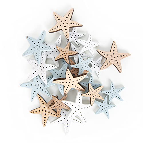 Logbuch-Verlag Set de 24 estrellas de mar decoración pequeñas de madera para decoración de bodas, 3-5 cm color blanco, marrón y azul - decoración fiesta verano
