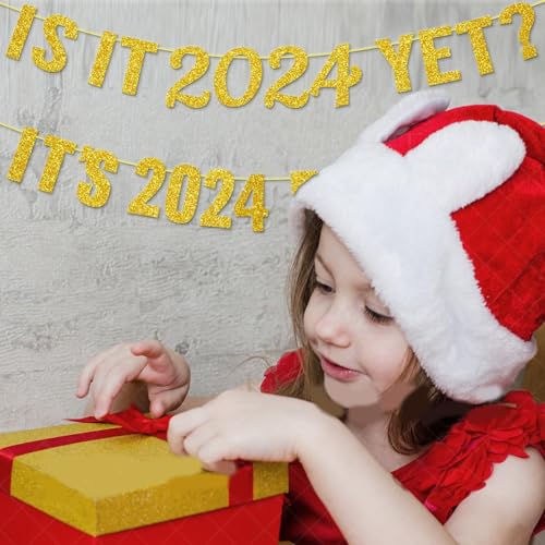Losuya ¿Ya es 2024? Es 2024 Perras Banner Dorado Brillante Año Nuevo Bunting Banner para 2024 Decoración de Fiesta de Nochevieja