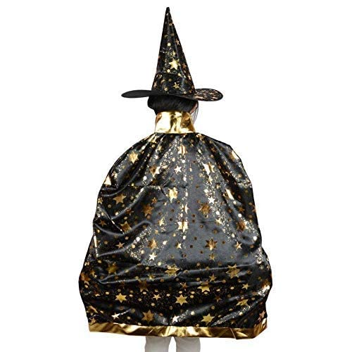 Lovelegis (Negro) Capa - Sombrero de bruja - bruja - mago - brujo para niños - Disfraz de disfraz para carnaval Halloween Cosplay - Decorado con estrellas doradas