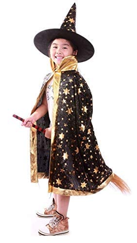 Lovelegis (Negro) Capa - Sombrero de bruja - bruja - mago - brujo para niños - Disfraz de disfraz para carnaval Halloween Cosplay - Decorado con estrellas doradas