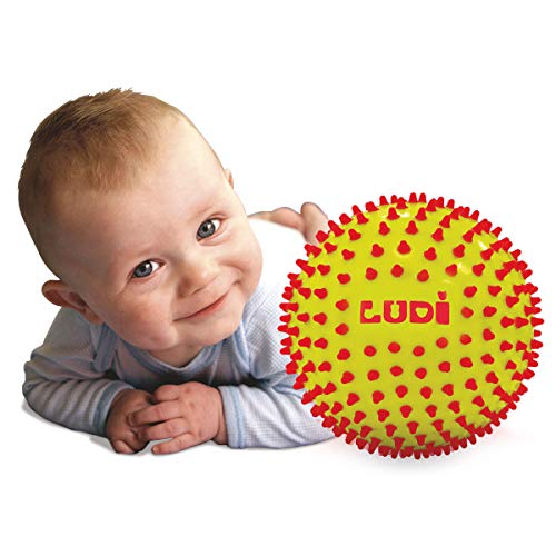 LUDI - Pelota sensorial Bicolor para el Desarrollo del bebé a Partir de 6 Meses de Edad con pies Duros. Pelota de Juego o Masaje fácil de agriear. Diámetro: 15 cm - Ref. 30018