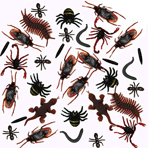 MAKFORT 100 insectos realistas de plástico con insectos falsos cucarachas, arañas, escorpiones, hormigas, geckoes, cipiés y gusanos para fiesta de Halloween