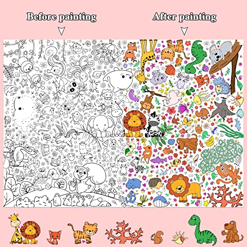 Mantel para Colorear de Animales + 12pcs Pluma de Acuarela para Niños Regalo Cumpleaños Mesa (animales)