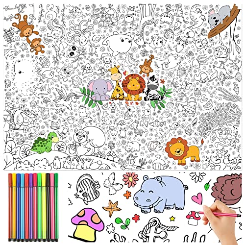 Mantel para Colorear de Animales + 12pcs Pluma de Acuarela para Niños Regalo Cumpleaños Mesa (animales)
