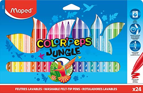 Maped - Rotuladores de Colores para Niños - Color's Peps Jungle - 24 Rotuladores de Punta Gorda - Tinta Ultra Lavable - Gran Resistencia al Secado - Variedad de Colores (Paquete de 2)