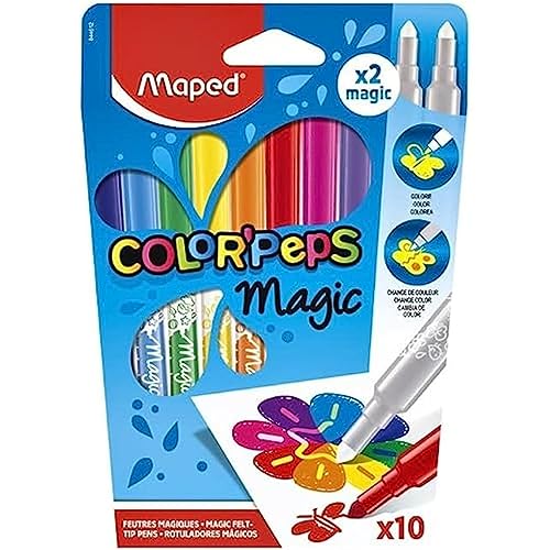 Maped - Rotuladores para Niños - Color's Peps Magic - 10 Rotuladores de Punta Media - Incluye 2 Reveladores - Tinta Cambia de Color - Variedad de Colores