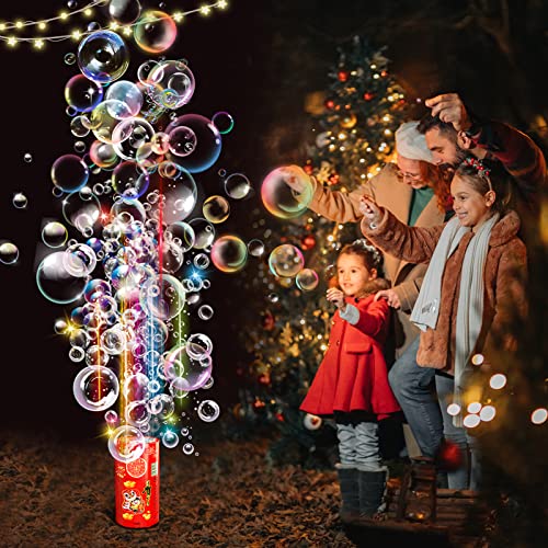 Máquina de Burbujas de Fuegos Artificiales (20 Agujeros con solución de Burbujas de 250 ml), Creador de Burbujas de Fuegos Artificiales con Luces y Sonido Cerrable para Niños, Navidad, Fiesta.
