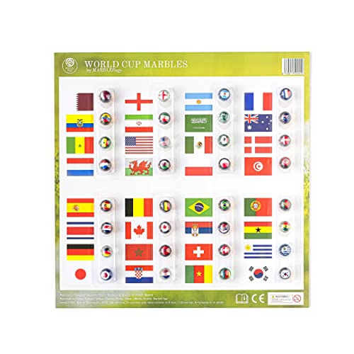 MARBLEFLAGS 32 Canicas para Niños de Cristal con Banderas de Países del Mundial de Futbol. 16 mm Ideal para Circuitos de Canicas y Carreras de Canicas