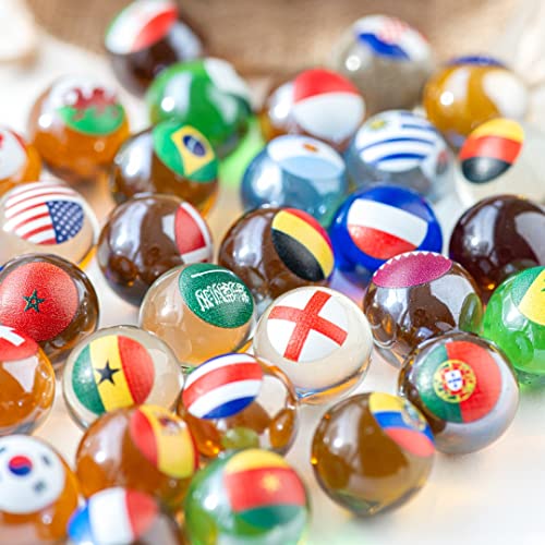 MARBLEFLAGS 32 Canicas para Niños de Cristal con Banderas de Países del Mundial de Futbol. 16 mm Ideal para Circuitos de Canicas y Carreras de Canicas