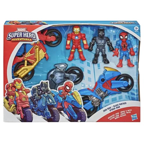 Marvel Super Hero Adventures Iron Man, Black Panther & Spider-Man Exclusivo Figura de acción y vehículo, 3 Unidades (Paquete de 1), 2340432