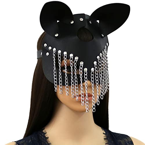 máscara de gato con borlas de cadena para las mujeres y los hombres, cosplay máscara de Halloween Catwoman, misteriosa máscara de media cara punk para el carnaval, club nocturno, fiesta