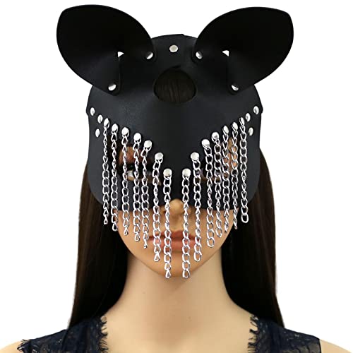 máscara de gato con borlas de cadena para las mujeres y los hombres, cosplay máscara de Halloween Catwoman, misteriosa máscara de media cara punk para el carnaval, club nocturno, fiesta