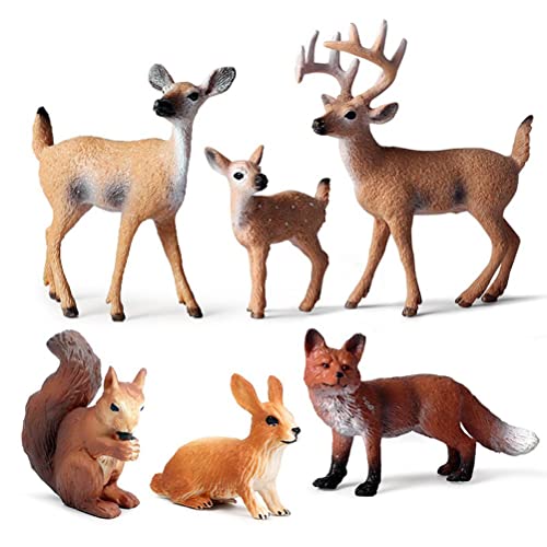 MasYosh Juego de figuras de animales del bosque, 6 piezas de criaturas del bosque, juguetes en miniatura, animales realistas, figuras de animales – familia de ciervos, zorro, conejo, ardilla