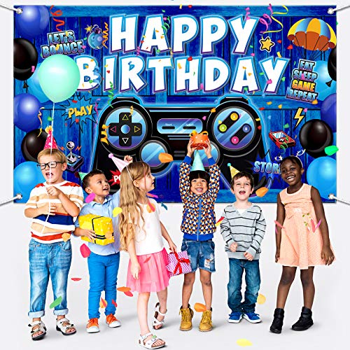 Materiales de Fiestas de Videojuegos Banner de Happy Birthday para Juegos Telón de Fondo de Fiesta de Cumpleaños, Signo de Juegos de Fondo de Bienvenida Pixelado Videojuego (Azul Madera)