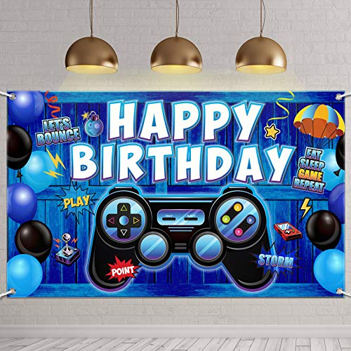 Materiales de Fiestas de Videojuegos Banner de Happy Birthday para Juegos Telón de Fondo de Fiesta de Cumpleaños, Signo de Juegos de Fondo de Bienvenida Pixelado Videojuego (Azul Madera)