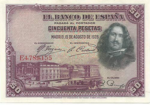 MATIDIA España Billete Original 50 Pesetas 1928 Velázquez