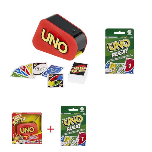 Mattel Games - Pack 2 Juegos de Mesa - UNO Extreme (GXY75) + UNO Flex (HMY99) Juego de Cartas con Lanzador, Luces y Sonidos. Juego de Cartas con Cartas Que Permiten Cambiar el Color. +7 años