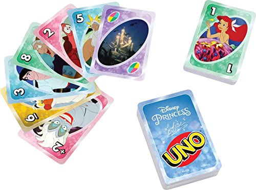 Mattel Games UNO Disney Princess the Little Mermaid - Juego de cartas para noche familiar con gráficos temáticos de películas para 2-10 jugadores