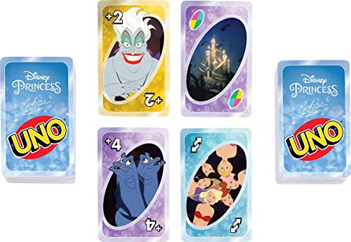 Mattel Games UNO Disney Princess the Little Mermaid - Juego de cartas para noche familiar con gráficos temáticos de películas para 2-10 jugadores