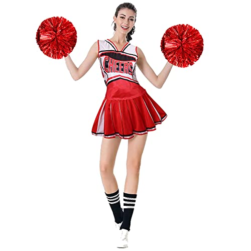 maxToonrain Disfraz de animadora para mujer, Halloween, con pompones, de escuela secundaria, 2 piezas, uniforme de animadora (rojo clásico, XL)