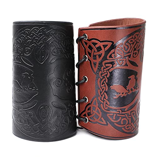 Mayting 2 brazaletes de cuero Viking Yggdrasil World Tree - Muñequeras de cuero en relieve, unisex, protección con arco, brazalete ancho (A)