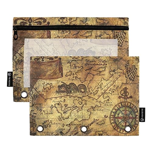 MCHIVER Estuche para lápices dibujado a mano con diseño de mapa pirata antiguo para carpetas de 3 anillos con cremalleras, bolsillos transparentes para carpeta, bolsas para lápices para organizar