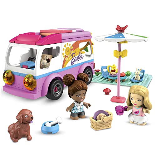 Mega Construx Barbie Supercaravana de aventuras, muñecas y coche de juguete de bloques de construcción con accesorios (Mattel GWR35)