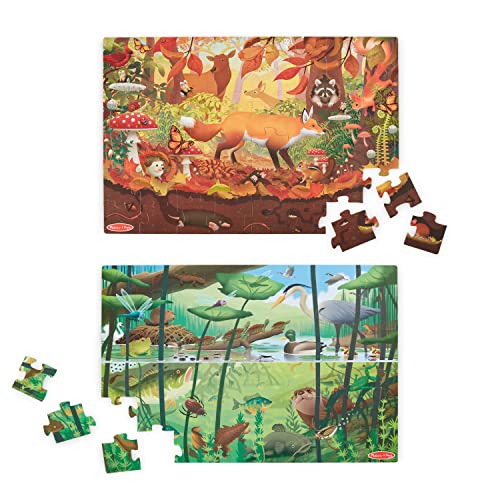 Melissa & Doug Puzzle de cartón de doble cara para el suelo, Incluye lupa para buscar y encontrar, Rompecabezas con 48 piezas gigantes, Actividades creativas para niños y niñas de 3+