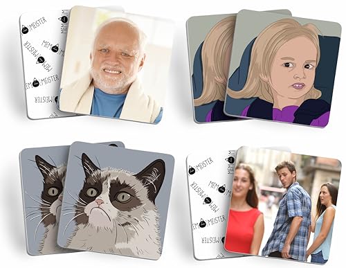 Meme Memo Memo Juego de fiesta y JGA con los memes más famosos y geniales de Internet, juego de cartas con 54 cartas (27 pares), regalo para adolescentes, tarjetas extragruesas de 4,5 x 4,5 cm