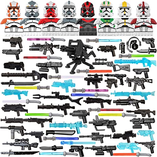 MERK Juego de armas, máscara, casco y espadas láser, 81 unidades, juego de armas de ciencia ficción personalizadas, compatible con minifiguras de Star Wars Lego, soldados