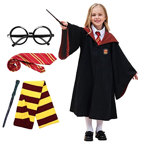 Metaparty - Disfraz de Harry el Hechicero, para niño, adulto, conjunto de disfraces de capa con gafas, varita mágica, bufanda y corbata, corbata de mago para niños y niñas (niño, 145)