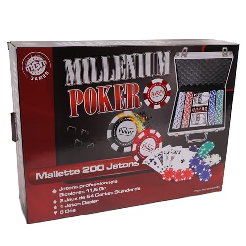 MGM Games - Maletín de 200 fichas de póker - Multicolor - 140200 - Juego de Cartas - Metal - De 2 a 6 Jugadores - Cartas de Juego - Juegos de Mesa - 11,5 gr - 30 cm x 21 cm