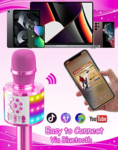 Micrófono Karaoke Bluetooth, Microfono Inalámbrico Karaoke Niña Portátil con Luces LED Regalo Juguetes para Niños Canta Partido Musica, Compatible con Android, iOS, PC