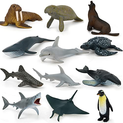 Mini Juego Juguetes Animales Marinos 12 PCS, Figuras Realistas Animales Marinos Incluye Ballena Delfín Gran Tiburón Blanco Juguetes Educativos Aprendizaje Regalo de Cumpleaños para Niños