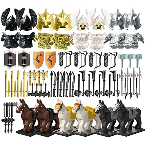 MISINI Kit de accesorios de armas de caballero medieval, juego de accesorios de armas de caballero que incluye casco de armadura, escudo de caballero, caballos de protección para minifiguras
