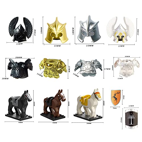 MISINI Kit de accesorios de armas de caballero medieval, juego de accesorios de armas de caballero que incluye casco de armadura, escudo de caballero, caballos de protección para minifiguras