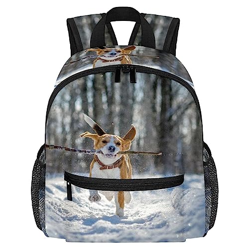 Mochila de viaje para niños, Beagle, perro que corre y juega en el bosque de invierno, mochila escolar para jardín de infantes, niños preescolares, mochila para guardería, Multicolor, 10x4x12 in
