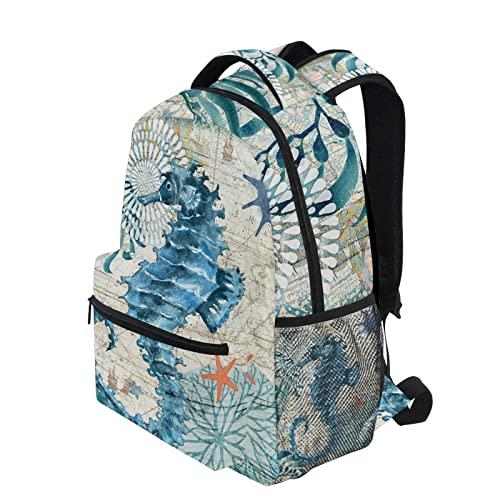 Mochila escolar para niñas y niños, diseño vintage de caballito de mar de mar con mapa de caracola para niños, mochila bonita mochila de viaje, ligera, bolsa de hombro para niños pequeños