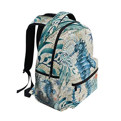 Mochila escolar para niñas y niños, diseño vintage de caballito de mar de mar con mapa de caracola para niños, mochila bonita mochila de viaje, ligera, bolsa de hombro para niños pequeños