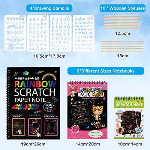 Mocoosy 140 piezas de papel para rascar para regalos de niños, juego de manualidades para niñas con papeles para Scratch arcoíris, cuaderno para rascar, marcapáginas para rascar y accesorios