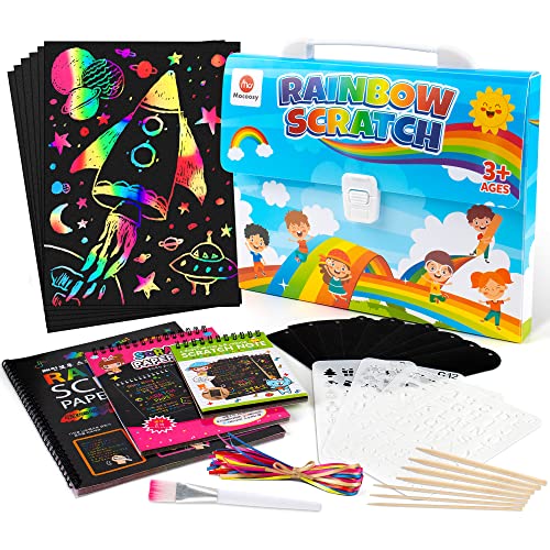 Mocoosy 140 piezas de papel para rascar para regalos de niños, juego de manualidades para niñas con papeles para Scratch arcoíris, cuaderno para rascar, marcapáginas para rascar y accesorios