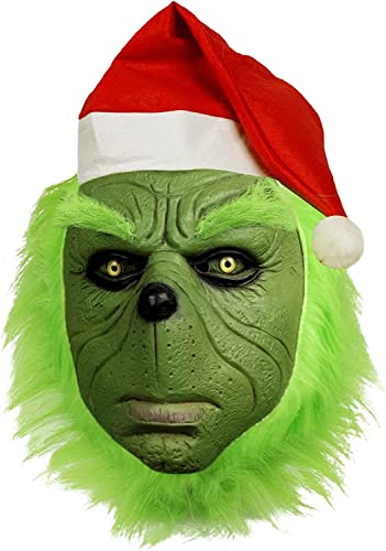 MOLEZU Navidad Máscara de monstruo verde máscara de Navidad con sombrero de Papá Noel cabello verde máscara de látex de Halloween monstruo de pelo verde juego de roles máscara de terror