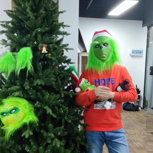 MOLEZU Navidad Máscara de monstruo verde máscara de Navidad con sombrero de Papá Noel cabello verde máscara de látex de Halloween monstruo de pelo verde juego de roles máscara de terror