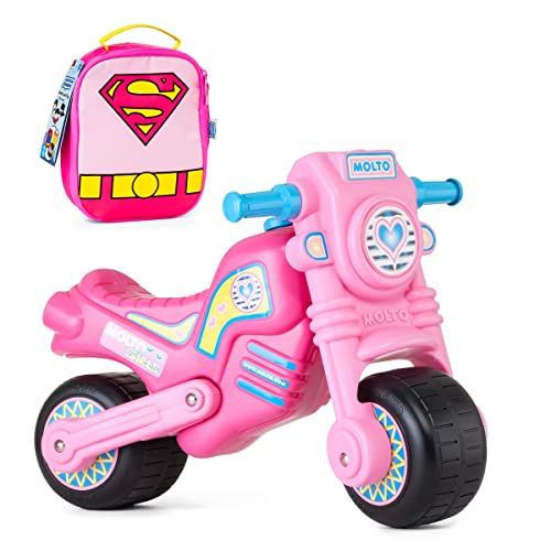 MOLTO | Moto Correpasillos Cross Rosa + Mochila Supergirl | Moto Corre Pasillos Todo Terreno | Juguetes Infantiles Seguros y Resistentes | Fomenta el Desarrollo de Niños y Niñas | De 18 a 36 Meses