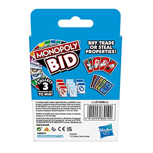 Monopoly Bid Game, Quick-Playing Card Game For 4 Players, Game For Families and Kids Ages 7 and Up