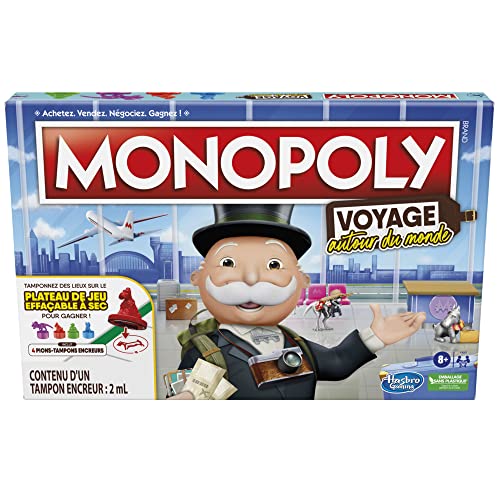 Monopoly Viaje al Mundo para familias y niños desde 8 años con almohadillas de tinta y bandeja borrable en seco