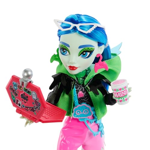 Monster High Skulltimate Secrets Neon Frights Ghoulia Muñeca con armario y 15 accesorios sorpresa, brilla en la oscuridad, juguete +4 años (Mattel HNF81)