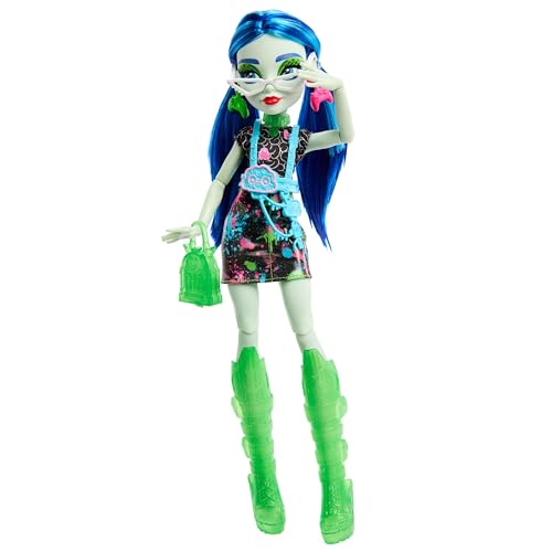 Monster High Skulltimate Secrets Neon Frights Ghoulia Muñeca con armario y 15 accesorios sorpresa, brilla en la oscuridad, juguete +4 años (Mattel HNF81)